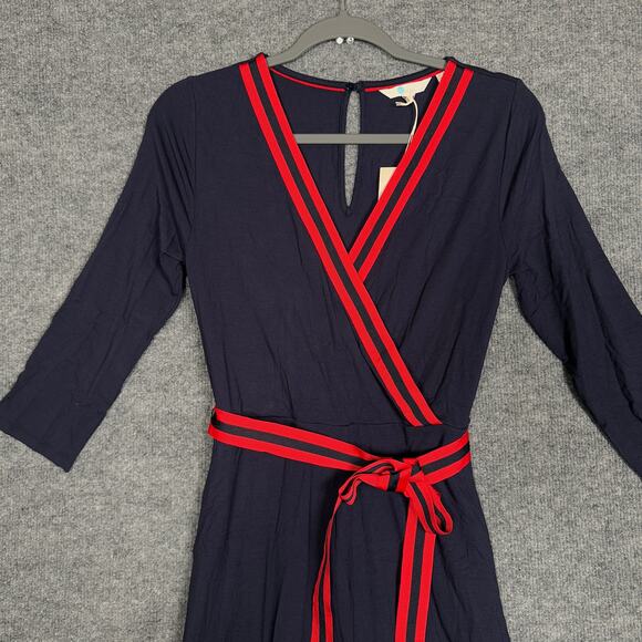 Boden Sz 4 Isla Jersey Jumpsuit Black Red Tie Waist Wide Leg V Neck 3/4 Sleeves - Picture 5 of 13